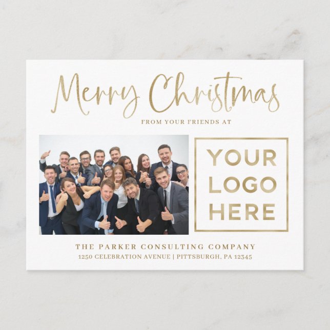 Merry Christmas | Corporate Photo and Your Logo Holiday Postcard (Front)