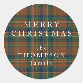 Merry Christmas Cosy Navy and Orange Plaid Flannel Classic Round Sticker