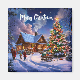 Merry Christmas Cosy Snowy Cabin in the Forest Magnet