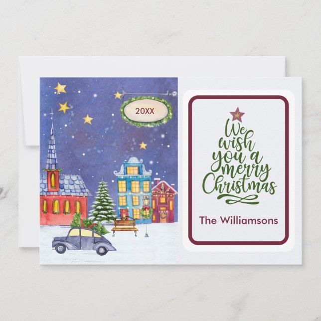 Merry Christmas Cosy Village Scene Christmas Card (Front)