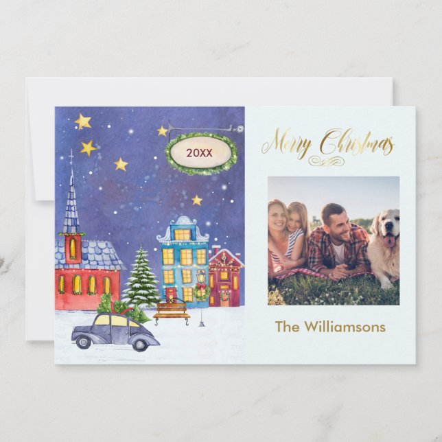 Merry Christmas Cosy Village Scene Photo Christmas Card (Front)