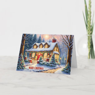 Merry Christmas Cosy Vintage Cottage in the Forest Holiday Card