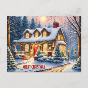 Merry Christmas Cosy Vintage Cottage in the Forest Holiday Postcard