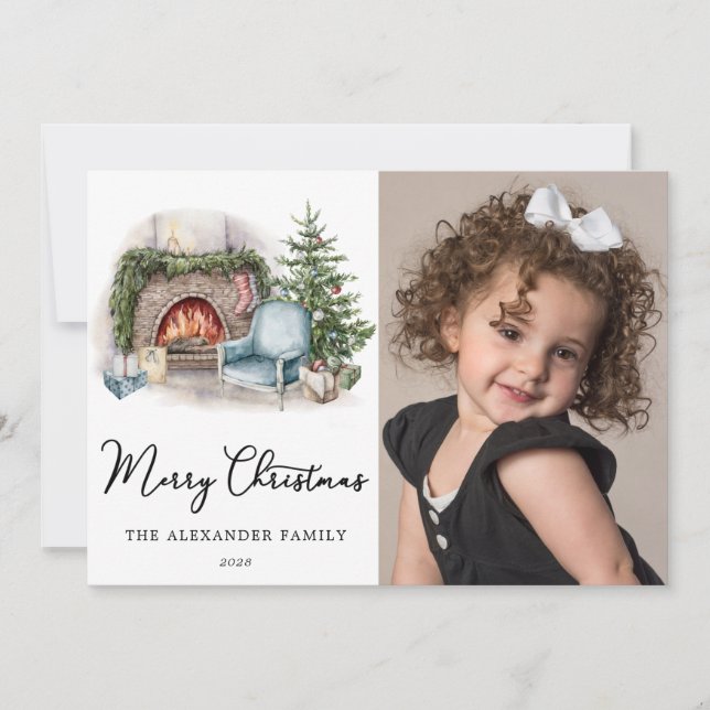 Merry Christmas Cosy Watercolor Home Photo Holiday Card (Front)