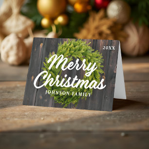 Merry Christmas Country Rustic Pine Wreath Wood Holiday Card
