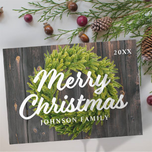 Merry Christmas Country Rustic Pine Wreath Wood Holiday Card
