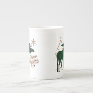 Merry Christmas Country Style Green Plaid Moose Bone China Mug