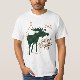 Merry Christmas Country Style Green Plaid Moose T-Shirt
