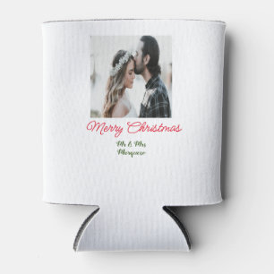 Merry Christmas couple photo add name happy holida Can Cooler