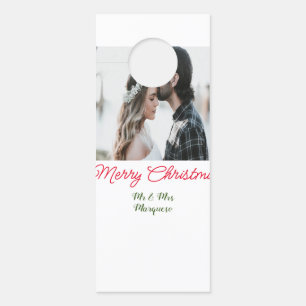 Merry Christmas couple photo add name happy holida Door Hanger