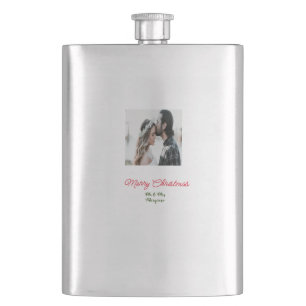 Merry Christmas couple photo add name happy holida Hip Flask