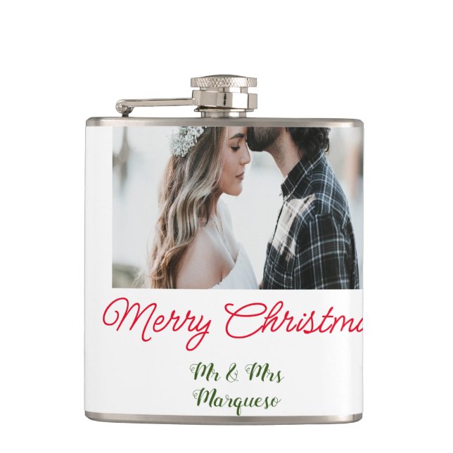 Merry Christmas couple photo add name happy holida Hip Flask (Front)