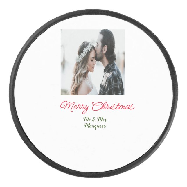 Merry Christmas couple photo add name happy holida Hockey Puck (Front)