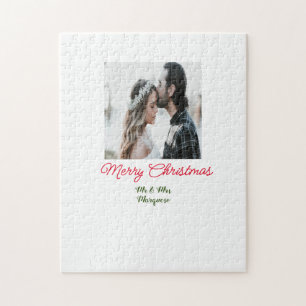 Merry Christmas couple photo add name happy holida Jigsaw Puzzle