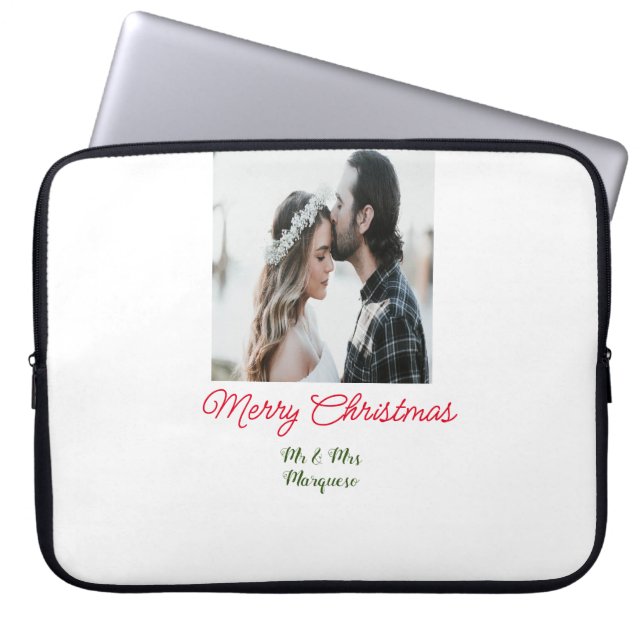 Merry Christmas couple photo add name happy holida Laptop Sleeve (Front)