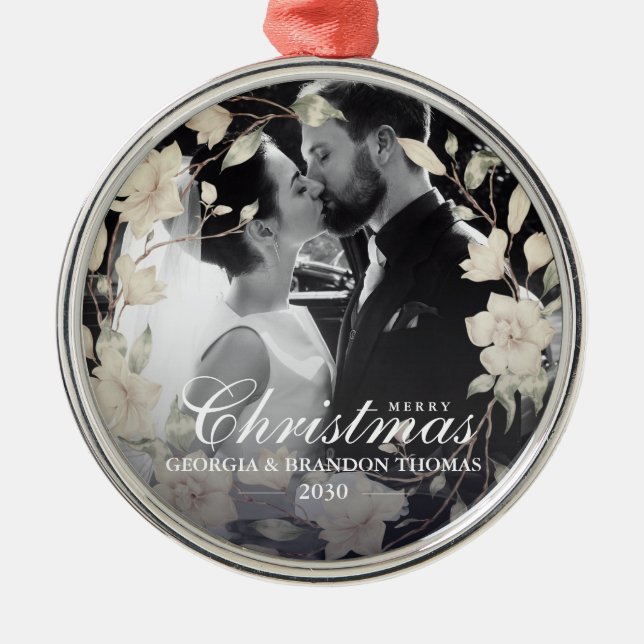Merry Christmas Couple Photo Magnolia Floral Metal Tree Decoration (Front)