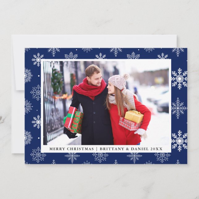 Merry Christmas Couple Photo Snowflakes Card Blue (Front)