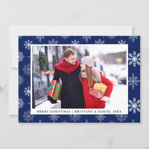 Merry Christmas Couple Photo Snowflakes Card Blue