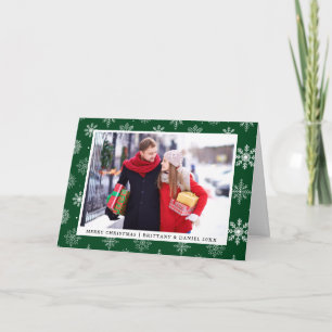 Merry Christmas Couple Photo Snowflakes Green Holiday Card