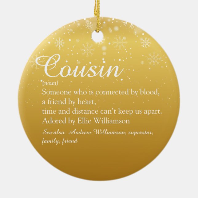 Merry Christmas Cousin Definition Gold Snowflakes Ceramic Tree Decoration (Back)