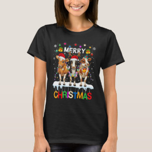 Merry Christmas Cow Farmer Santa Hat Xmas Lights T-Shirt