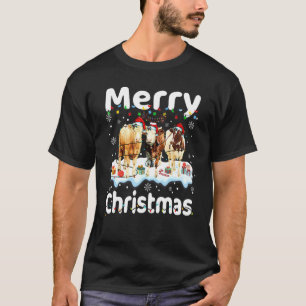 Merry Christmas Cow Farmer Santa Hat Xmas Lights T-Shirt