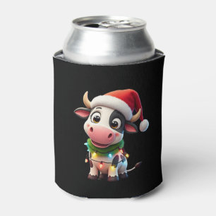 Merry Christmas Cow Santa Christmas Lights Cow Xma Can Cooler