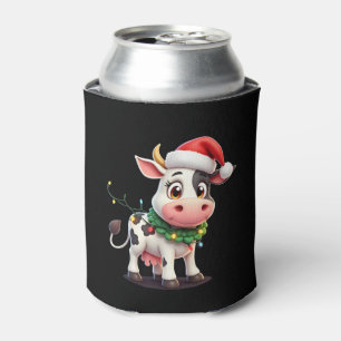 Merry Christmas Cow Santa Christmas Lights Cow Xma Can Cooler