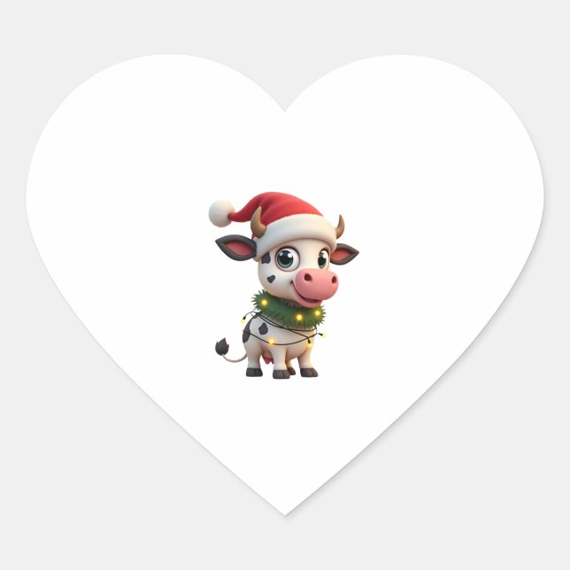Merry Christmas Cow Santa Christmas Lights Cow Xma Heart Sticker (Front)