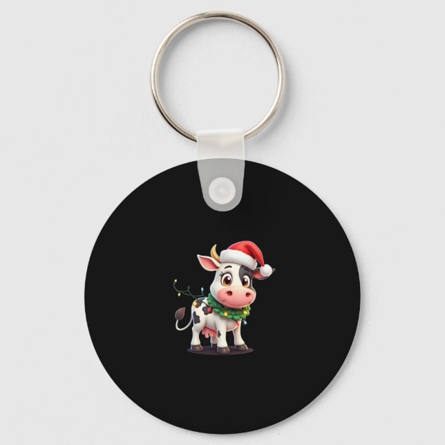 Merry Christmas Cow Santa Christmas Lights Cow Xma Key Ring (Front)