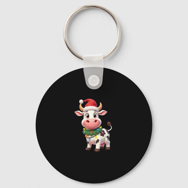 Merry Christmas Cow Santa Christmas Lights Cow Xma Key Ring (Front)