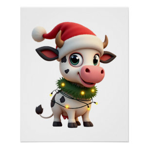 Merry Christmas Cow Santa Christmas Lights Cow Xma Poster