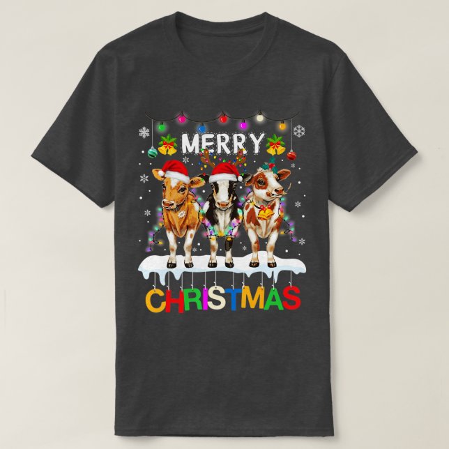 Merry Christmas Cow Shirt Farmer Santa Hat Xmas Li (Design Front)