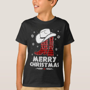 Merry Christmas Cowboy Boots Red Buffalo Plaid Wes T-Shirt