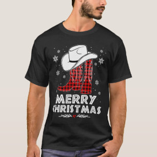 Merry Christmas Cowboy Boots Red Buffalo Plaid Wes T-Shirt