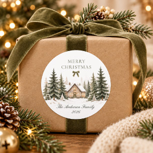 Merry Christmas Cozy Winter Cottage Olive Family Classic Round Sticker