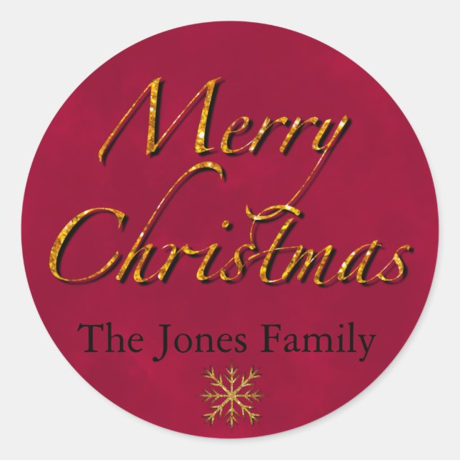 Merry Christmas, cranberry gold elegant calligraph Classic Round Sticker (Front)