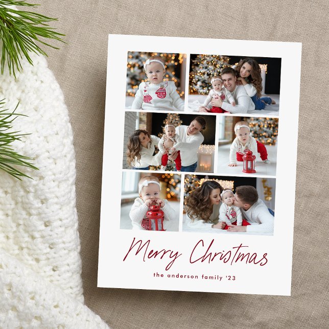 Merry Christmas Cranberry Script 6 Photo Collage Holiday Postcard (Creator Uploaded)