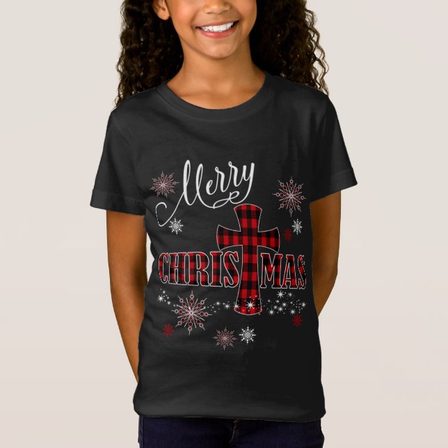 Merry Christmas Cross Buffalo Plaid Christian Holi T-Shirt (Front)