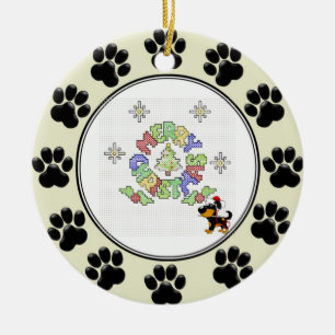 Merry Christmas Cross Stitch by Pup Ceramic Tree Decoration