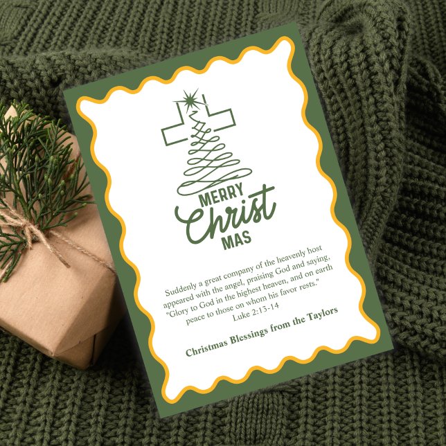 Merry Christmas Cross Tree Blessings Holiday Card (Merry CHRISTmas Cross-Tree Card Green & Gold with Luke 2:13–14)