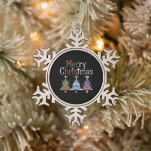 Merry Christmas Cross Xmas Tree Retro Snowflake Pewter Christmas Ornament