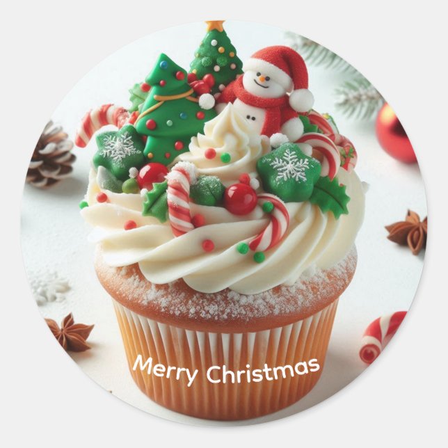 Merry Christmas Cupcake Classic Round Sticker (Front)