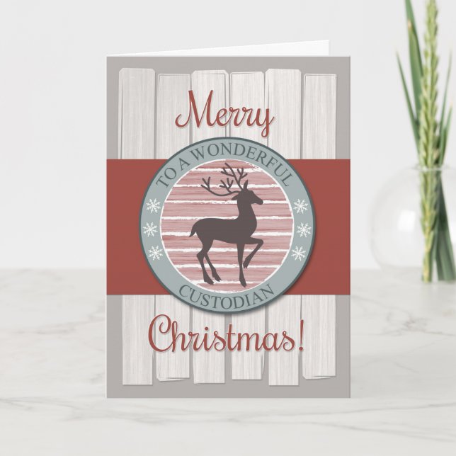 Merry Christmas Custodian with Rustic Reindeer Holiday Card (Front)