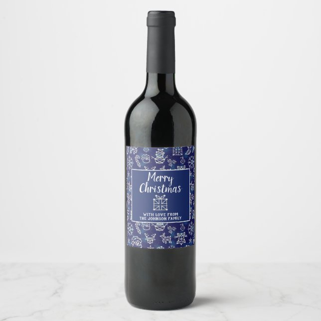 Merry Christmas Custom Blue Winter Constellations Wine Label (Front)