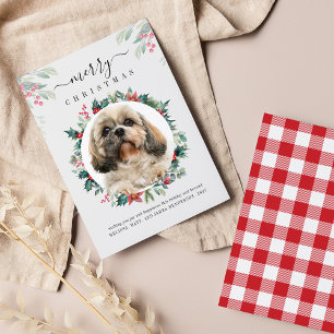 Merry Christmas Custom Dog Photo Botanical Card