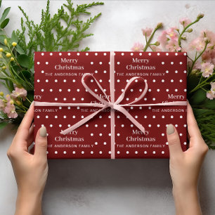 Merry Christmas Custom Family Name Dots Red Wrapping Paper