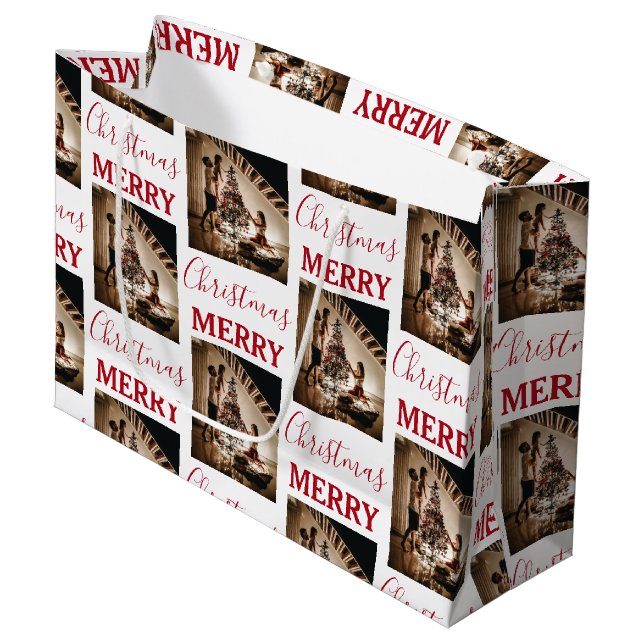 Merry Christmas Custom Family Photo   Large Gift Bag (Front Angled)