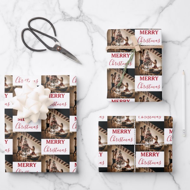 Merry Christmas Custom Family Photo Wrapping Paper Sheet (Front)