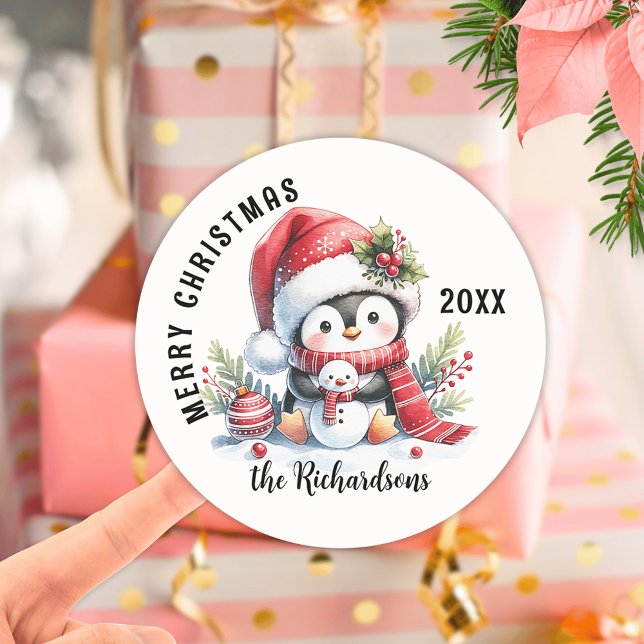 Merry Christmas Custom Festive Cute Penguin Classic Round Sticker (Creator Uploaded)